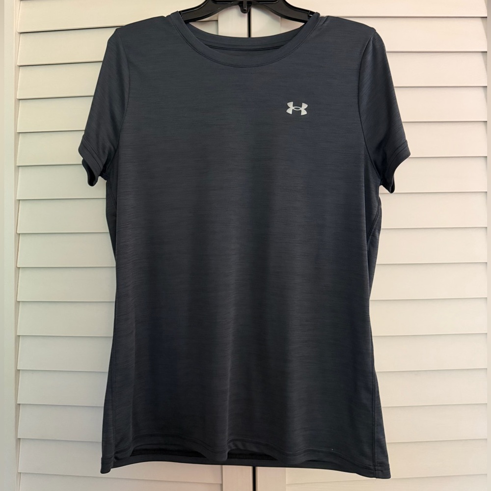 🔥 UNDER ARMOUR Women’s Large HEATGEAR Charcoal Gray Tech Short Sleeve Crew Shirt